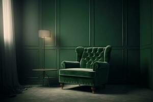 Empty dark green wall background with a comfortable green armchair in living room,  AI Generated photo