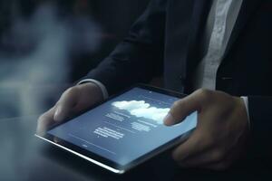 Businessman using tablet to demonstrate cloud computing and data storage, AI Generated photo