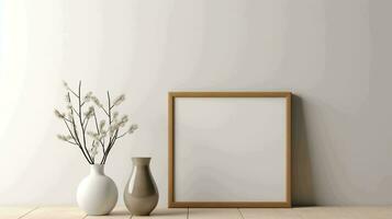 A side view of an empty square frame mockup positioned on a white wall in a modern minimalist interior, AI generated photo