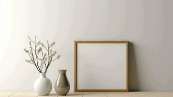 A side view of an empty square frame mockup positioned on a white wall in a modern minimalist interior, AI generated photo