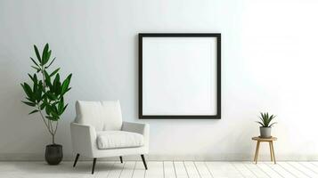 empty square frame mockup modern living room with armchair, AI generated photo