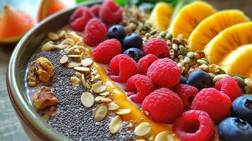 a delicious and nutritious smoothie bowl, topped with a variety of fresh fruits, nuts, and seeds, showcasing its vibrant colors, AI generated photo