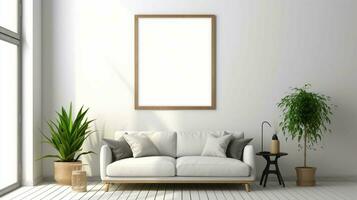 modern living room with sofa with White empty frame mockup, AI generated photo