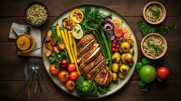 un bien - equilibrado y nutritiva comida lámina, presentando un apoyarse proteína fuente, todo granos, y un vistoso surtido de al vapor o asado verduras, ai generado foto