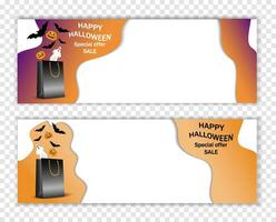 Horizontal wide banners, mockup, template for Halloween sale and advertising with place for text, copy space. With gift bag and bats