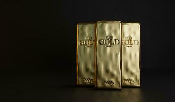 Gold bars standing on the table with a black background, 3d illustratio photo