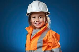 retrato de un sonriente pequeño niña en un construcción casco ai generado foto