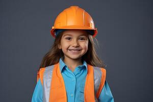 retrato de un sonriente pequeño niña en un construcción casco ai generado foto