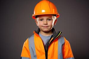 retrato de un linda pequeño chico en un construcción casco ai generado foto