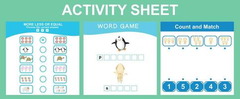 Educational printable worksheet. Mathematic counting, more less or equals worksheet. Word game and complete the words worksheet. Counting and writing activity. Vector illustrations