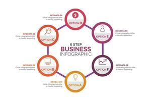 Circular scheme with six round paper white elements. Concept of cyclic business process with 6 stages. Minimal infographic design template. Modern flat vector illustration for data visualization