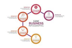 Circular scheme with five round paper white elements. Concept of cyclic business process with 5 stages. Minimal infographic design template. Modern flat vector illustration for data visualization