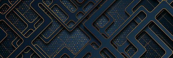 Dark blue papercut grid and golden shiny glitter dots abstract background vector