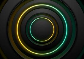 Technology abstract background with black circles and neon shiny rings vector