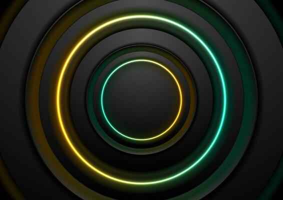 Technology abstract background with black circles and neon shiny rings