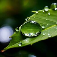 Shot of raindrop about to fall from a leaf photo