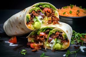 delicioso burrito con comida y vegetales foto