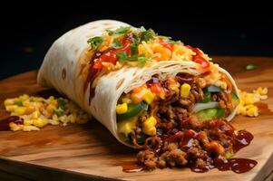 Delicious burrito with meal and vegetables photo