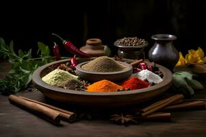 Spices and herbs on top of wooden table photo