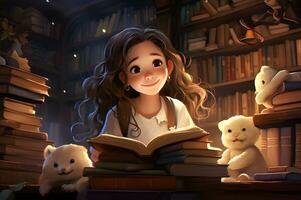 linda niña leyendo literatura en biblioteca foto