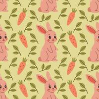 Fall pattern with rabbit. Seamless woodland pattern with leaves and cute forest animal on green background. Vector illustration
