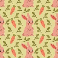 Fall pattern with rabbit. Seamless woodland pattern with leaves and cute forest animal on green background. Vector illustration