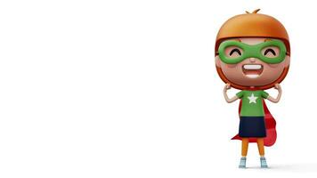 Funny little power superhero child in a hero clothes, hero kid concept, 3d rendering video