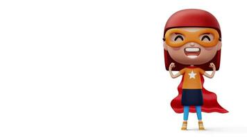 Funny little power superhero child in a hero clothes, hero kid concept, 3d rendering video