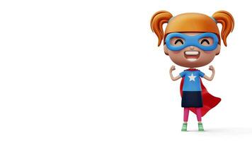 Funny little power superhero child in a hero clothes, hero kid concept, 3d rendering video
