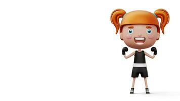 Happy child boxer, fighter girl with boxer glove, kid character, 3d rendering video