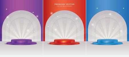 Set of podiums in color background. Abstract vector promotion stage. Clean minimalist product display presentation