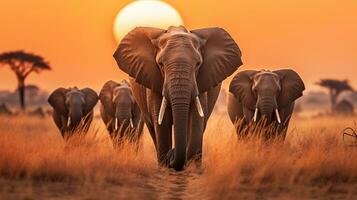 Tranquil Moment Elephants Walking Across Dry Grass in Migration Generative AI photo