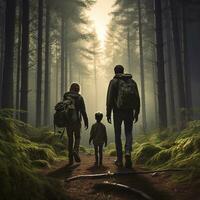 Family Adventure Man and Two Boys Hiking Through the Enchanting Forest Generative AI photo