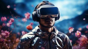 Reality Redefined Man Enveloped in Surreal Realm as He Does a VR Headset, Expanding Horizons, Generative AI photo