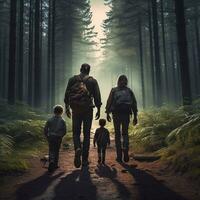 Forest Wanderlust Man and Two Boys Embarking on a Serene Nature Walk Generative AI photo
