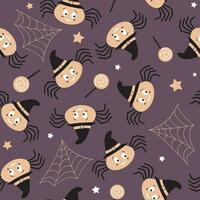 Seamless halloween pattern. Creative vector spooky dark background with cute spider. Funny creepy pattern for textile and fabric. Repeat spider, happy halloween.