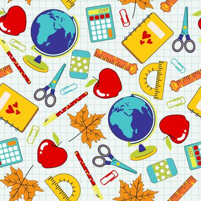 School seamless pattern with school supplies on a checkered background. Good for wrapping paper, scrapbooking, stationary, wallpaper, kids textile, etc.