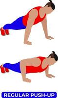 Vector Man Doing Regular Push Up Bodyweight Fitness Chest Workout Exercise. An Educational Illustration On A White Background.
