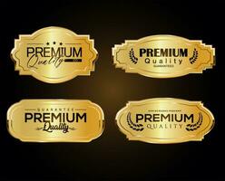 Collection of Golden premium quality labels isolated on dark background vector