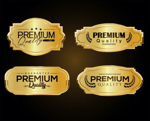 Collection of Golden premium quality labels isolated on dark background