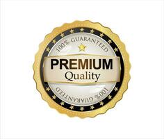 Premium quality badge with gold ribbon on white background vector