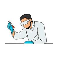 One continuous line drawing of scientist do research in the laboratory with white background. Chemical and laboratory design in simple linear style. Science design concept vector illustration.