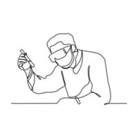 One continuous line drawing of scientist do research in the laboratory with white background. Chemical and laboratory design in simple linear style. Science design concept vector illustration.