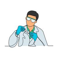 One continuous line drawing of scientist do research in the laboratory with white background. Chemical and laboratory design in simple linear style. Science design concept vector illustration.