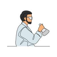 One continuous line drawing of scientist do research in the laboratory with white background. Chemical and laboratory design in simple linear style. Science design concept vector illustration.