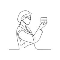 One continuous line drawing of scientist do research in the laboratory with white background. Chemical and laboratory design in simple linear style. Science design concept vector illustration.