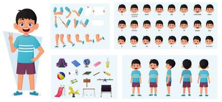 Boy Character Constructor with Gestures and Emotions. Child Side, Front, Rear View, with Body Parts for Animation and Lip-Sync Vector Illustration.