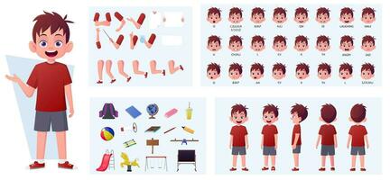 dibujos animados chico personaje constructor con chico en frente, lado y posterior vista. Sincronización labial, cara emociones, gestos y poses prima vector