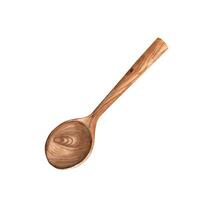 Empty wooden spoon from top view isolated on a white background. Hand drawn watercolor illustration of kitchenware. For displaying your food, products packaging design, decoration compositions. vector