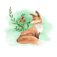 Card template with mother fox, green branches and red berries on watercolor background. Hand drawn kid forest illustration. For invitations, greeting, birthday cards, baby shower, posters. vector